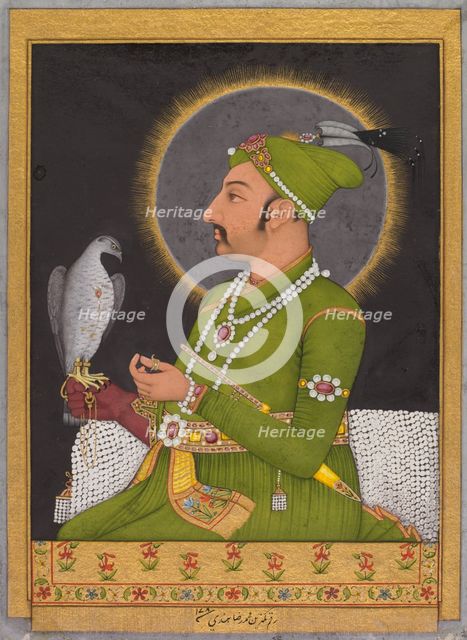 Posthumous portrait of the Mughal emperor Muhammad Shah (reigned 1719-1748)...(recto), 1764. Creator: Muhammad Rizavi Hindi (Indian, active mid-1700s); Mahmud ibn Ishaq al-Shahabi (Persian, active mid- to late 1500s).