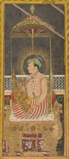 Posthumous portrait of Emperor Jahangir under a canopy (recto); Calligraphy (verso), c. 1650. Creator: Unknown