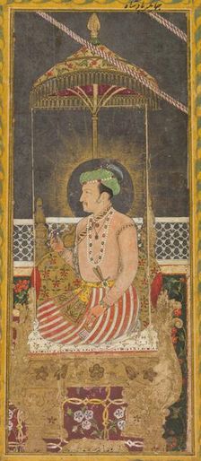 Posthumous portrait of Emperor Jahangir under a canopy (recto); Calligraphy (verso), c. 1650. Creator: Unknown