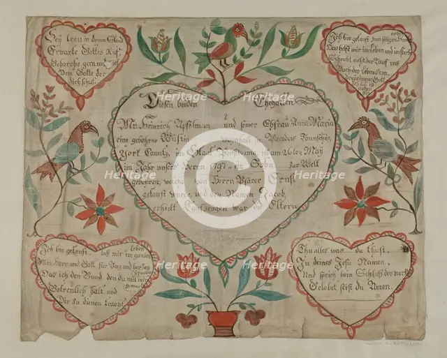 Pa. German Birth and Baptismal Certificate, c. 1940. Creator: Elmer R. Kottcamp.