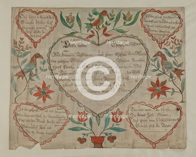 Pa. German Birth and Baptismal Certificate, c. 1940. Creator: Elmer R. Kottcamp.