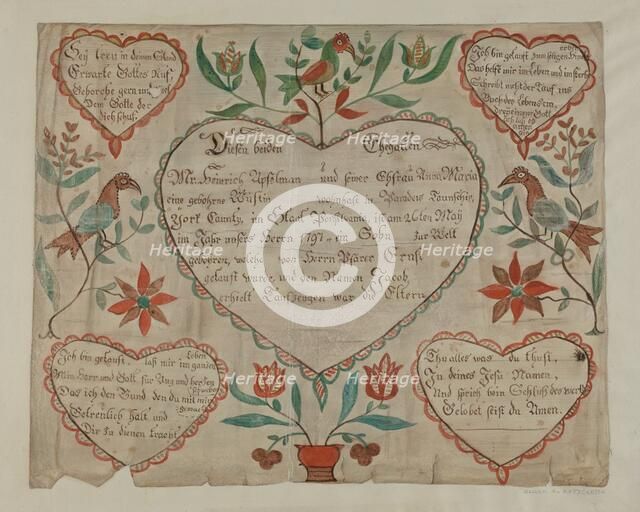 Pa. German Birth and Baptismal Certificate, c. 1940. Creator: Elmer R. Kottcamp.