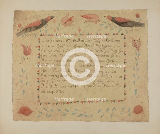 Pa. German Birth Certificate, c. 1940. Creator: Ethelbert Brown.