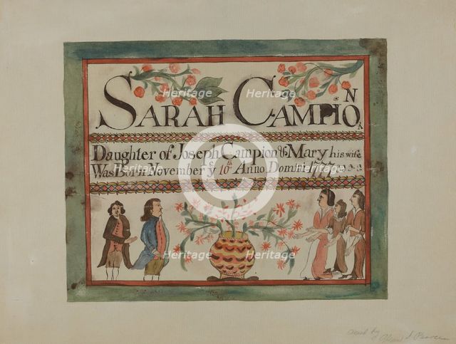 Pa. German Birth Certificate, c. 1936. Creators: Herbert Barnard, Glen Pearce.