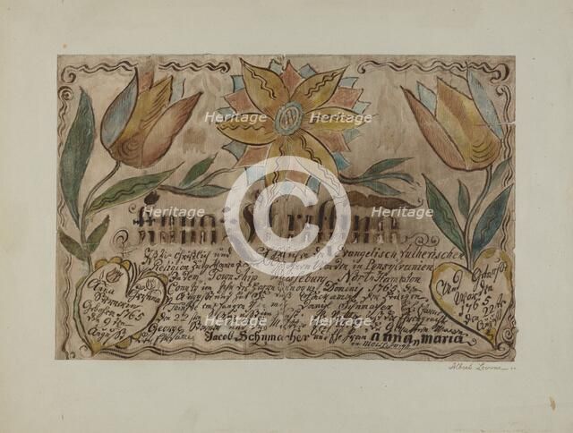 Pa. German Birth Certificate, c. 1939. Creator: Albert J. Levone.