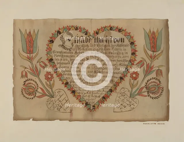 Pa. German Birth Certificate, c. 1939. Creator: Charlotte Angus.
