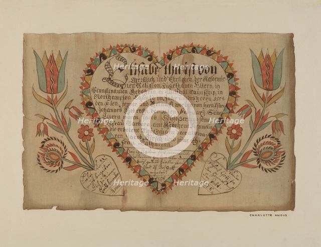 Pa. German Birth Certificate, c. 1939. Creator: Charlotte Angus.