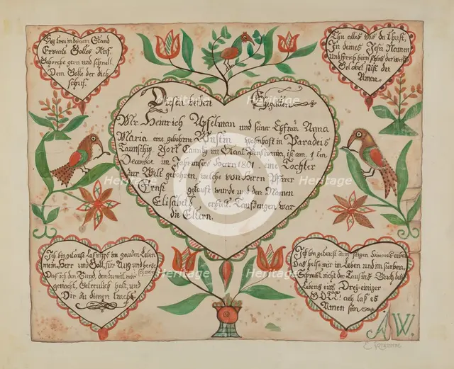 Pa. German Birth Certificate (Waltman #3), c. 1940. Creator: Emma M. Krumrine.