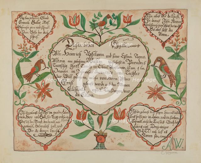 Pa. German Birth Certificate (Waltman #3), c. 1940. Creator: Emma M. Krumrine.