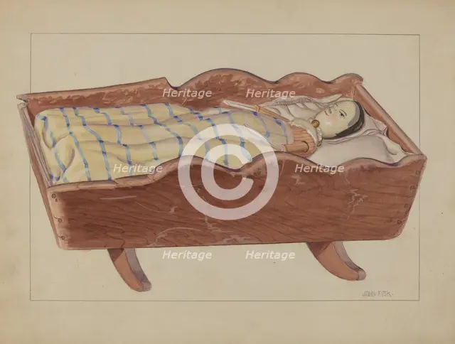 Pa. German Cradle with Doll & Coverlet, 1935/1942. Creator: John Fisk.