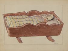 Pa. German Cradle with Doll & Coverlet, 1935/1942. Creator: John Fisk