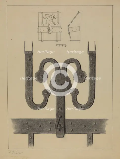 Pa. German Hinges and Hasp on a Conestoga Wagon Tool Box, c. 1937. Creator: Herman Bader.