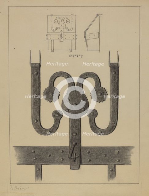 Pa. German Hinges and Hasp on a Conestoga Wagon Tool Box, c. 1937. Creator: Herman Bader.