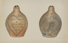 Pa. German Stoneware Flask, c. 1940. Creator: V. L. Vance