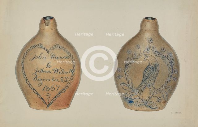 Pa. German Stoneware Flask, c. 1940. Creator: V. L. Vance.