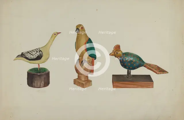 Pa. German Three Carved and Painted Birds, c. 1937. Creator: Victor F. Muollo.