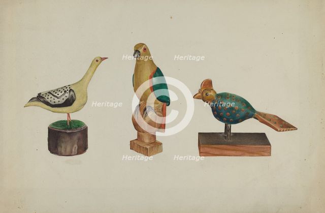 Pa. German Three Carved and Painted Birds, c. 1937. Creator: Victor F. Muollo.