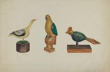 Pa. German Three Carved and Painted Birds, c. 1937. Creator: Victor F. Muollo