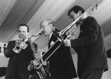 Pat Halcox, Bud Freeman, Chris Barber, Manchester Jazz Festival, 1963. Creator: Brian Foskett