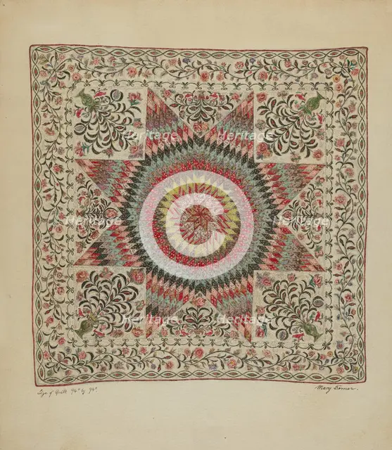 Patchwork and Applique Quilt, c. 1936. Creator: Mary Berner.