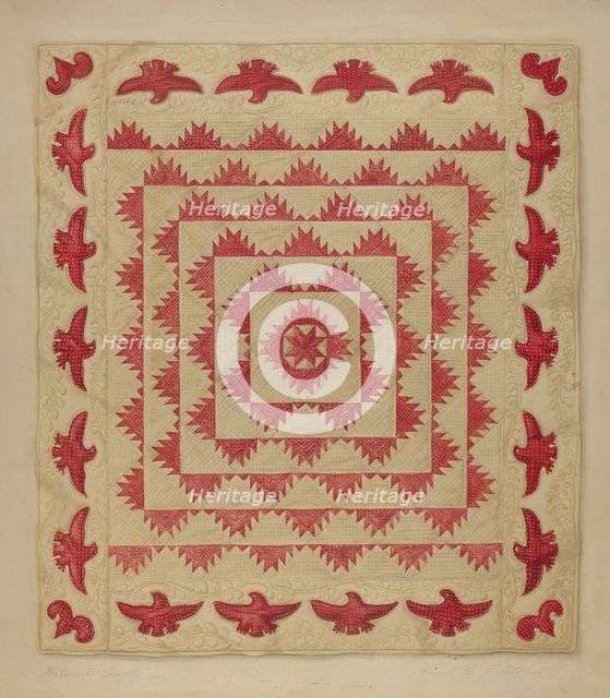 Patchwork Quilt with Eagles, c. 1938. Creator: Daniel Fletcher.