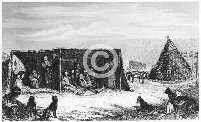 Patagonians in a 'toldo' or skin tent, 1830 (1839). Creator: Unknown.