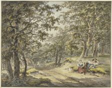 Path through the forest past a farmstead, a farmer and his wife resting..., 18th century. Creator: Hermanus van Brussel