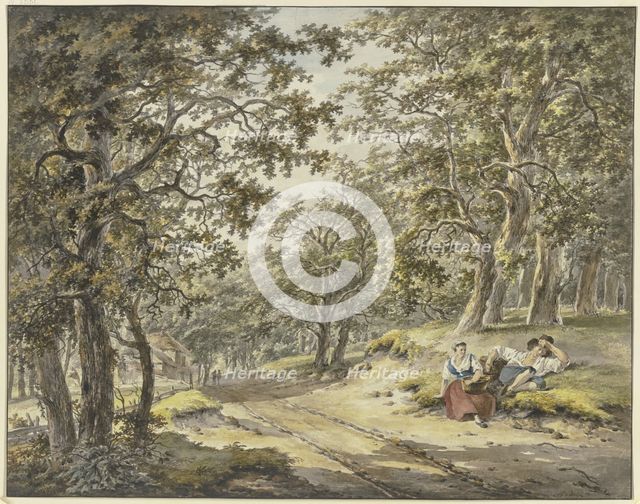 Path through the forest past a farmstead, a farmer and his wife resting..., 18th century. Creator: Hermanus van Brussel.