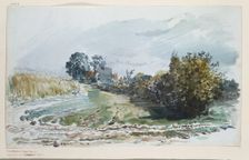 Path between a cornfield and bushes with cottages in the background, c1875-1880. Creator: Wilhelm Busch