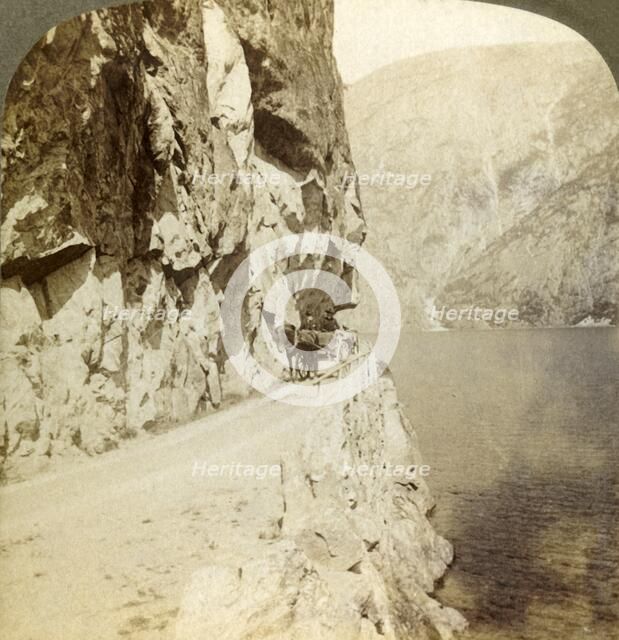 'Path blasted out of the towering cliffs for a road around Oifjords Lake, Norway', 1905. Creator: Unknown.