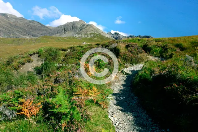Path from Glen Brittle to Sgurr Alasdair, Cuillin Hills, Isle of Skye, Highland, Scotland. Creator: Peter Thompson.