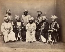 Pathan men from Peshawar, Pakistan in traditional dress: group portrait, c1900. Creator: Unknown
