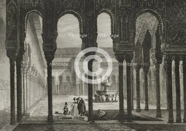 Patio and Fountain of the Lions, Alhambra Palace, Granada, Andalusia, Spain, 1853.  Creator: Antonio Roca Sallent.