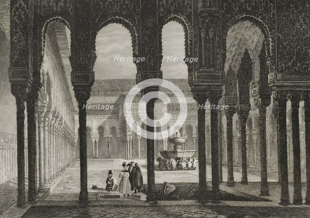 Patio and Fountain of the Lions, Alhambra Palace, Granada, Andalusia, Spain, 1853.  Creator: Antonio Roca Sallent.