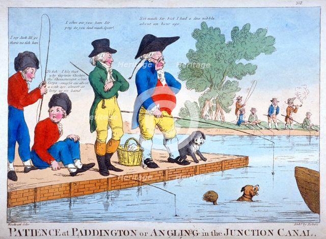 'Patience at Paddington, or angling in the Junction Canal', c1800. Artist: Roberts