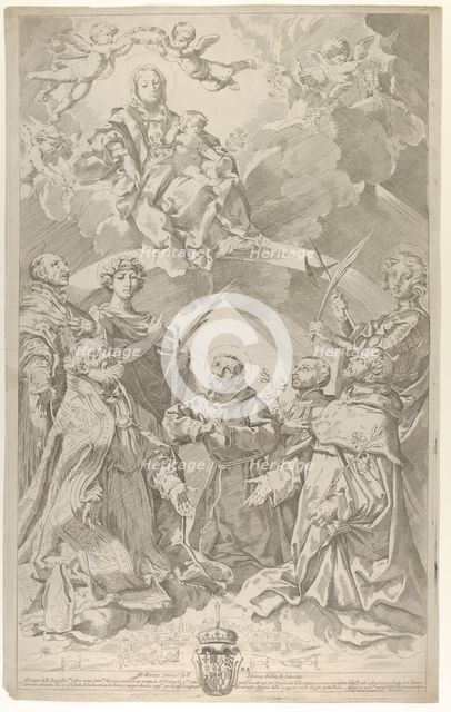 Patron saints of Bologna looking upwards at the Virgin who is seated in the clouds with..., 1640-50. Creator: Flaminio Torre.