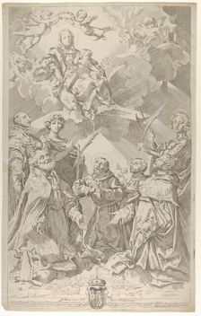 Patron saints of Bologna looking upwards at the Virgin who is seated in the clouds with..., 1640-50. Creator: Flaminio Torre