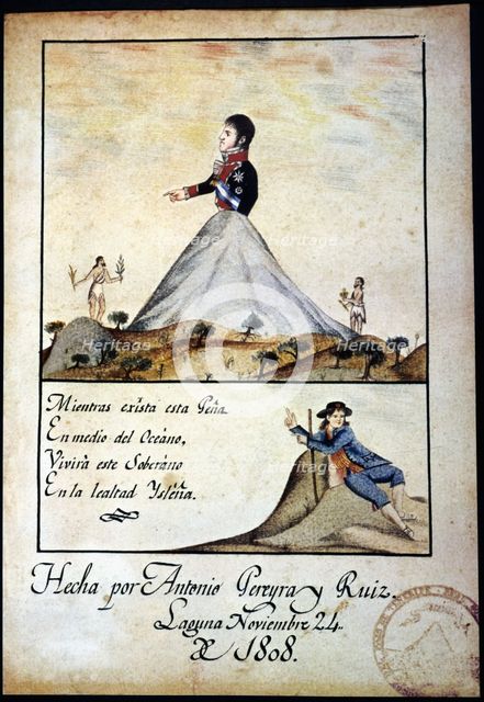 Patriotic drawing with allusions of loyalty to King Fernando VII, 1808. Creator: Pereira, Antonio.