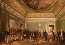 Paul I in front of the guards saluting Maria Feodorovna (Changing of the guard in the Anteroom),1845 Creator: Schwarz, Otto Gottlieb (1800-1862)
