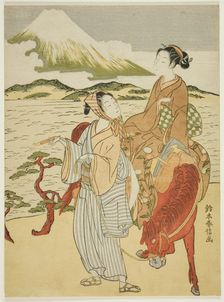 Pausing to admire Mt. Fuji (parody of Ariwara no Narihira's journey to the east), c. 1768/69. Creator: Suzuki Harunobu