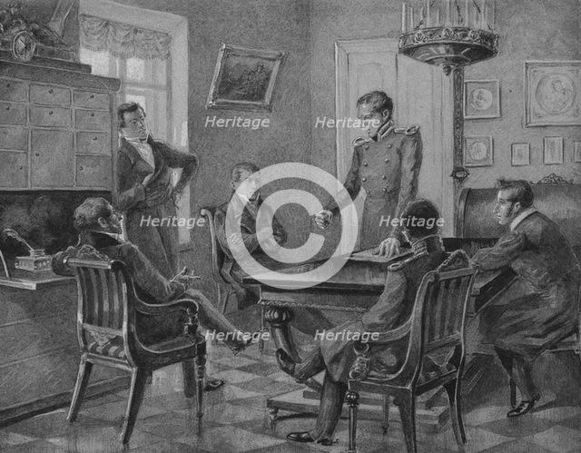 Pavel Pestel speech at the meeting of the Northern Society of the Decembrists in Petersburg, 1936. Artist: Goldstein, Konstantin Mikhailovich (1881-1944)