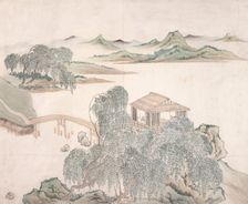 Pavilion by Willows and Bridge, c1810-1851. Creator: Zhou Lian