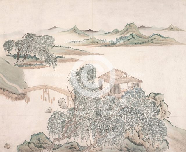 Pavilion by Willows and Bridge, c1810-1851. Creator: Zhou Lian.