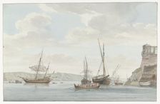 Pavilion of the Grand Master's Palace towering over the harbour, Malta, 1778. Creator: Louis Ducros