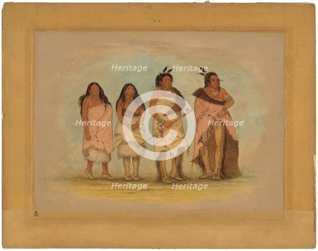Pawneepict Chief, Two Daughters, and a Warrior, 1861/1869. Creator: George Catlin.