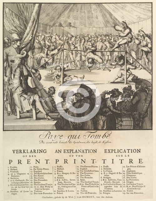 Paye qui Tombe: Die eerst valt betaelt de Speelman, die laest, de Kosten (The Fall of the ....n.d. Creator: Romeyn de Hooghe.