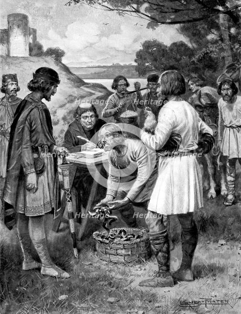 Paying rent in Saxon times, (c1920).Artist: Ernest Prater
