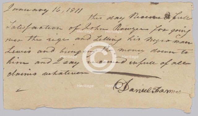 Payment receipt for the hiring out of an enslaved man named Lewis, January 16, 1811. Creator: Unknown.