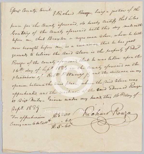 Payment receipt for apprehending Braxton, property of Edward Rouzee, September 16, 1829. Creator: Unknown.
