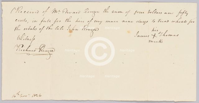 Payment receipt for hire of an enslaved man to the estate of John Rouzee, November 16, 1826. Creator: Unknown.